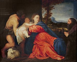 Maagd en kind met Sint Jan de Doper en schenker door Tiziano Vecelli